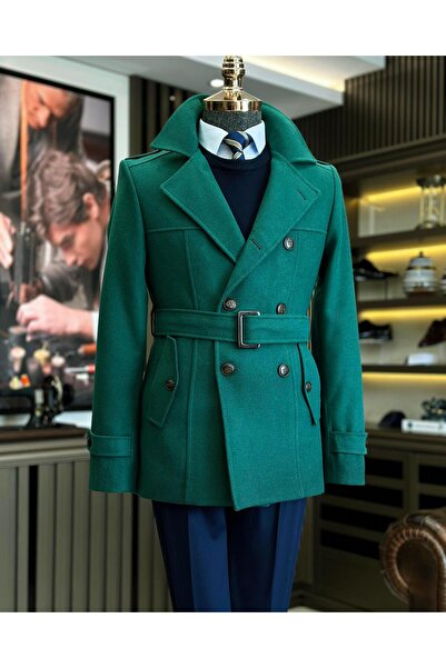 TerziAdemAltun Ανδρικό κοντό παλτό καμπαρντίνας ιταλικού στυλ παλτό πράσινο T10077