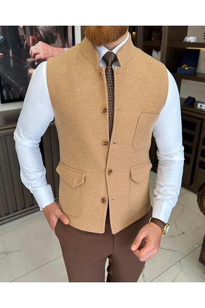 TerziAdemAltun Italian style slim fit prevailing collar stamp pocket vest camel T10537