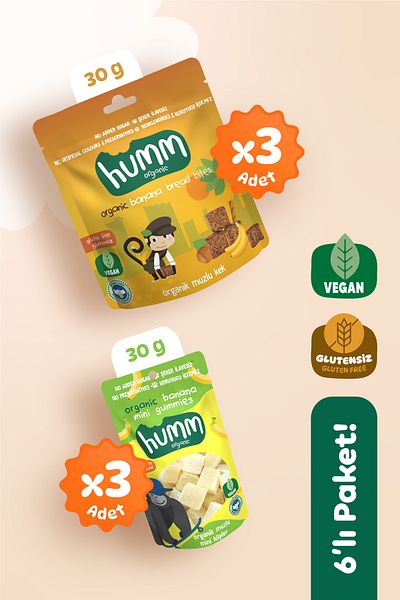 Humm Organic 6 Pieces (2 Types) Organic Gluten-Free Vegan Banana Snack Pack