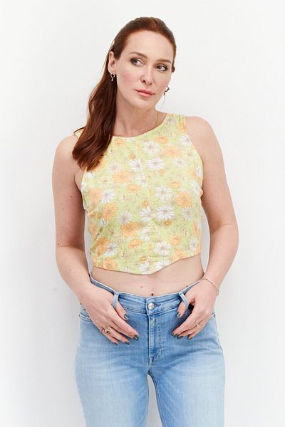 RVCA Women Scoop Neck Floral Print Tank Top, Lime Green Combo