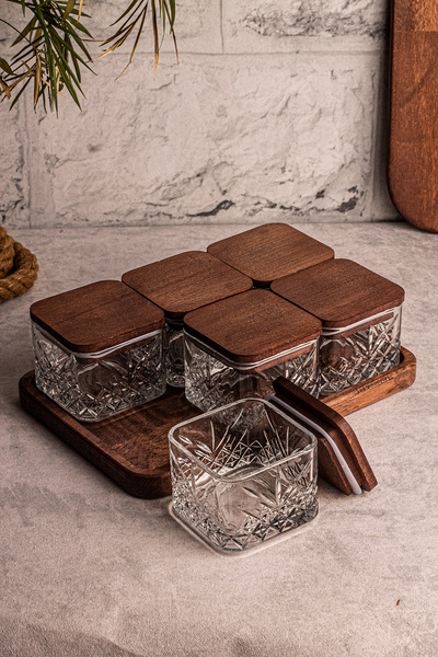 Snippy Milla 6-Piece Wooden Vacuumed Glass Breakfast Snack Bowl - Rectangular Tray, 230 ml