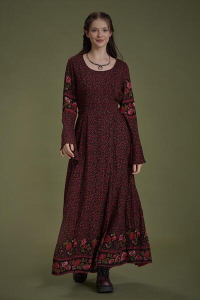 Los banditos Black Laurel Boat Neck Waist Tie Spanish Sleeve Women's Dress