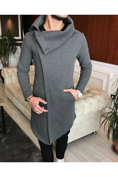 TerziAdemAltun Italian Style Seasonal Collar Buttoned Poncho Gray T6468