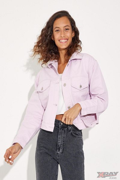 XRAY JEANS Women's Buttoned Short Polo Collar Pocket Lilac Denim Jacket