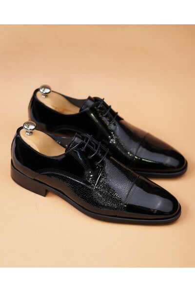 TerziAdemAltun Black Patent Leather Men's Shoes - Italian Style, Natural Leather T10217