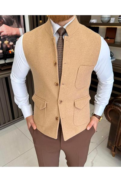 TerziAdemAltun Italian style slim fit prevailing collar stamp pocket vest camel T10537