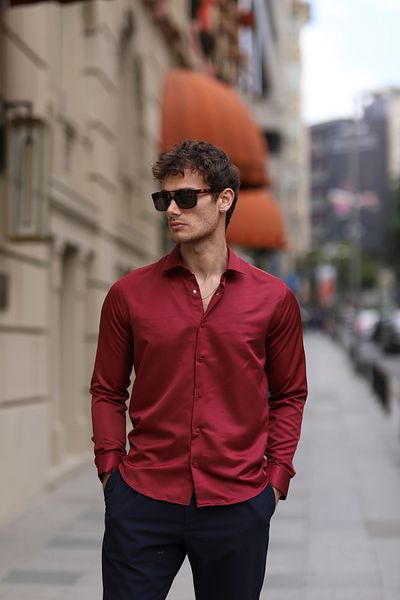PASSERO Slim Fit Satin Shirt with Snap Fasteners