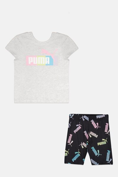 Puma طقم بناتي مكون من قطعتين بلوزة وشورت ضيق بشعار العلامة التجارية، متعدد ا...