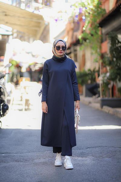 NS Moda Hijab Turtleneck Tunic Trousers Set Navy Blue Model-487
