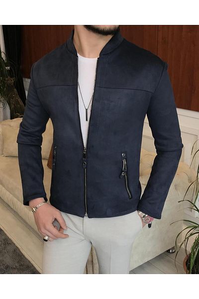 TerziAdemAltun Italian Style Slim Fit Seasonal Men's Suede Coat Navy Blue T9174