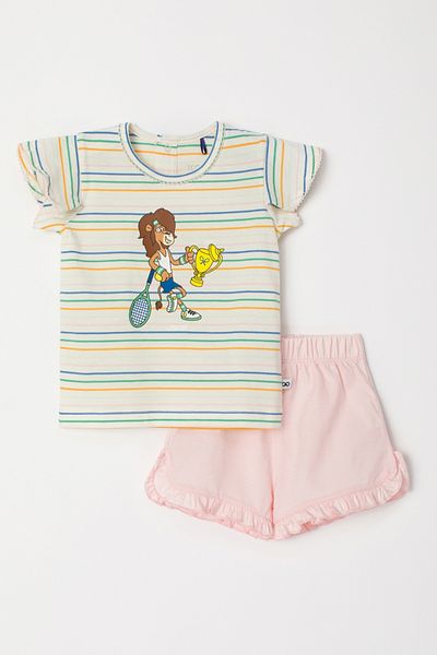 Woody Cotton Baby Girl Pajamas-Psg - 910-Lion Themed Striped Ecru