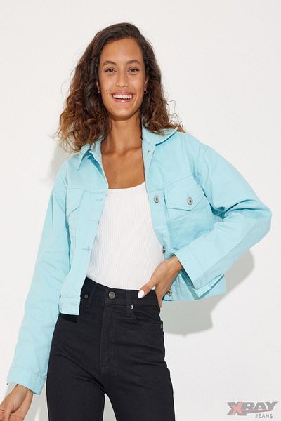 XRAY JEANS Jachetă de blugi albastră pentru femei, cu guler polo scurt, cu buzunare