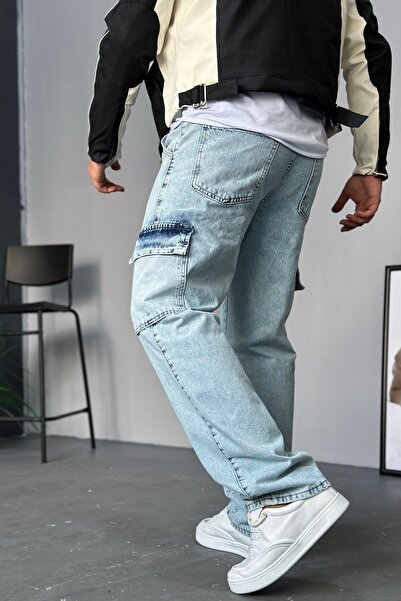 LUVEST ERKEK BAGGY KALIP KARGO CEP BUZ MAVİ JEAN PANTOLON