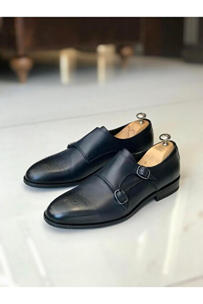 TerziAdemAltun Italian Style Inner Outer Natural Leather Men Shoes Navy Blue T7520