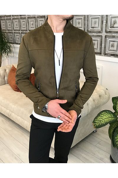 TerziAdemAltun Italian Style Slim Fit Seasonal Men's Suede Coats Slim Jacket Khaki T5160
