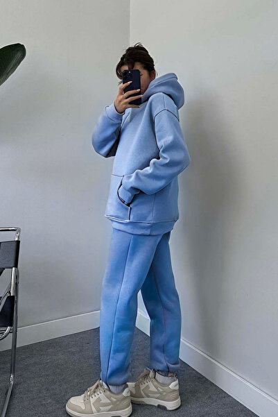 YAKAMEL Kadın Oversize Trend  Model Kanguru Cep Kapşonlu Sweatshirt Eşofman Takımı