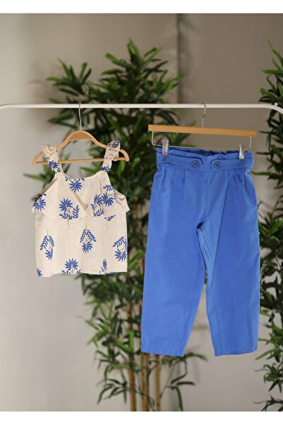 miabambim Nakışlı Alt Üst Keten Takım Mavi