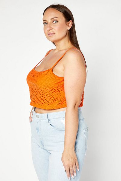 Lasula Women Square Neck Sleeveless Crochet Crop Top, Orange