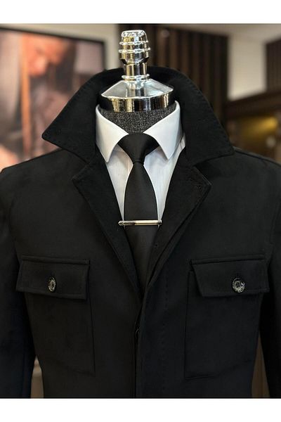 TerziAdemAltun Italian Style Slim Fit Polo Collar Suede Men's Coats Black T10816