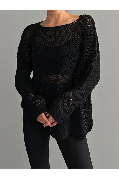 My Blog Ажурен пуловер със спокойна кройка Black Blossom-4051