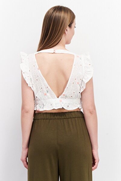 Lost Ink Women V-Neck Ruffle Sleeves Eyelet Tops, White