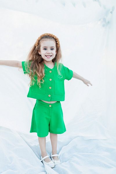 miabambim Green Linen Shirt and Shorts Set - Girl