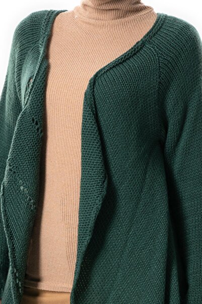 Eliş Şile Bezi Green Knitwear Cardigan - Long Sleeve, Shiny Button Detail, Fringed Autumn and Winter