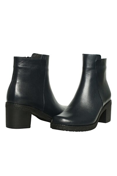 Platin Lacivert Deri Kadın Topuklu Bot