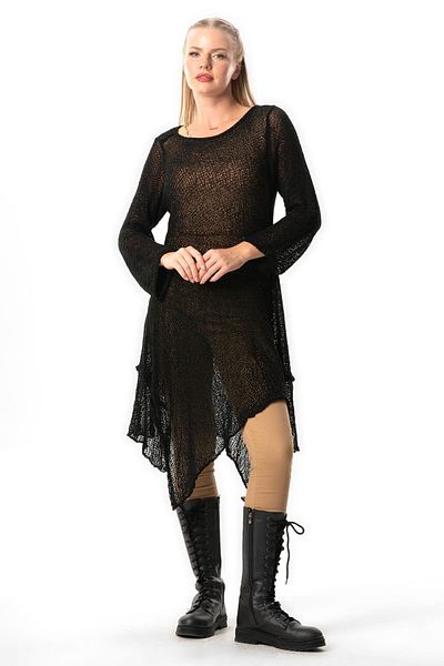 Eliş Şile Bezi Asymmetric Cut Half Sleeve Knitwear Tunic - Autumn and Winter, Black Syh