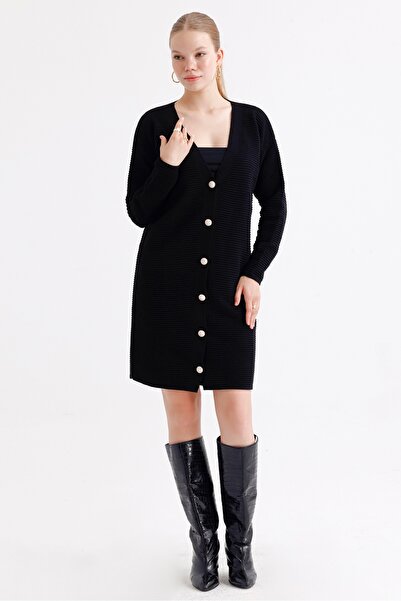 MD trend Women's Buttoned Self Patterned Long Oversize Knitwear Cardigan