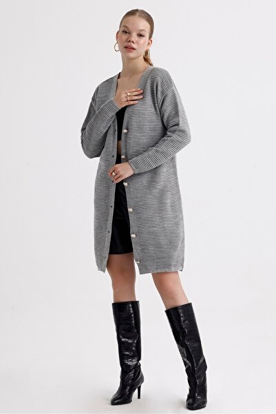 MD trend Women's Buttoned Self Patterned Long Oversize Knitwear Cardigan