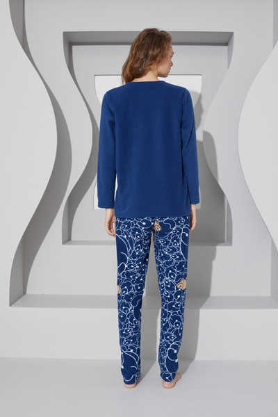 Siyah İnci темно-синій вишитий флісовий піжамний комплект з верхом і низом 24223080