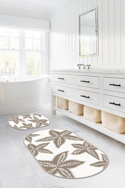 Napoli Home Set scaun de toaletă covoraș de baie oval, lavabil digital, anti-alunecare, KLOZET-71-BEIGE,