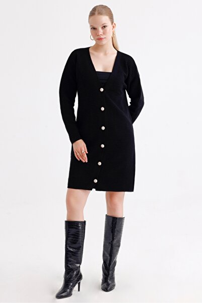 MD trend Women's Buttoned Self Patterned Long Oversize Knitwear Cardigan