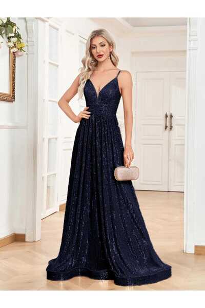 MODAS İNCE ASKILI SIRT BAĞLAMALI PUL PAYET ABİYE ELBİSE