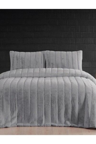 YGT Home Lukse Tavşan Tüyü Çift Kişilik Peluş Yatak Örtüsü Takımı Gri | 230x250