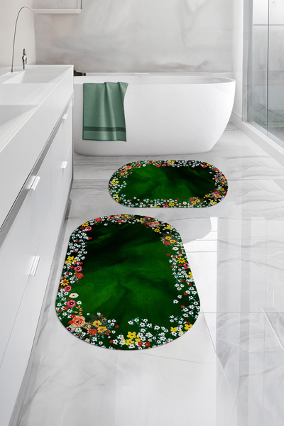 Napoli Home Set de scaune de toaletă cu covoraș de baie oval, lavabil digital, cu model de flori colorate, WC-90-VERDE,