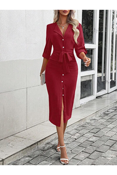 Moka Shopin Mokashopin Women's Long Sleeve Button-Front Waist Belted Aerobin Midi Dress