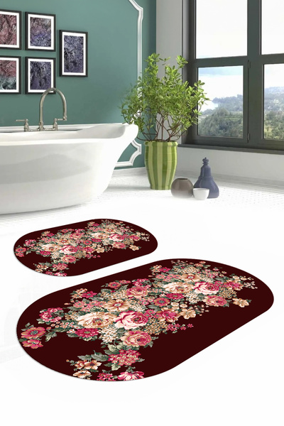 Napoli Home Dijital Yıkanabilir Renkli Çiçek Desenli Oval Banyo Paspası Kloze...