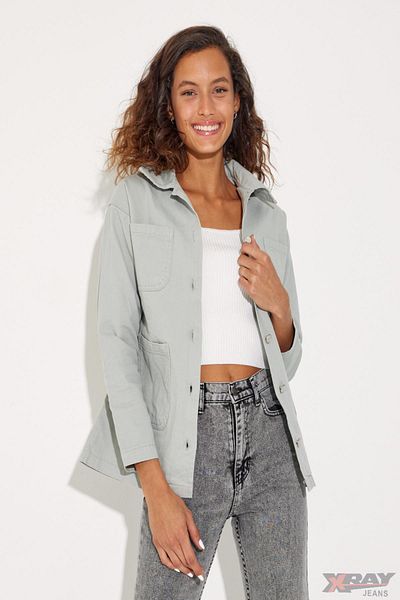 XRAY JEANS Women's Long Polo Collar Buttoned Pocket Gray Denim Jacket