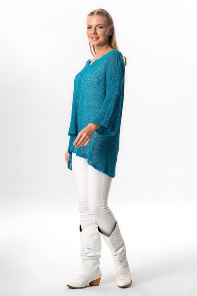 Eliş Şile Bezi Yarasa Kol Elmas Kayık Yaka Sonbahar ve Kışlık  Asimetrik Triko Bluz Mavi mv