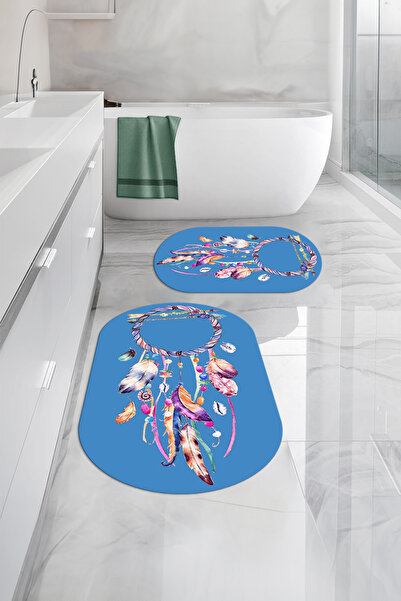 Napoli Home Set de scaune pentru toaletă, lavabilă digitală, anti-alunecare, cu model de pene de pasăre, covoraș de baie oval