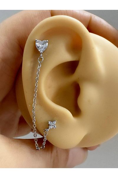 Arescollection Zircon Stone - Heart Flower Pattern Helix Cartilage Lobe Fitting Piercing Earrings