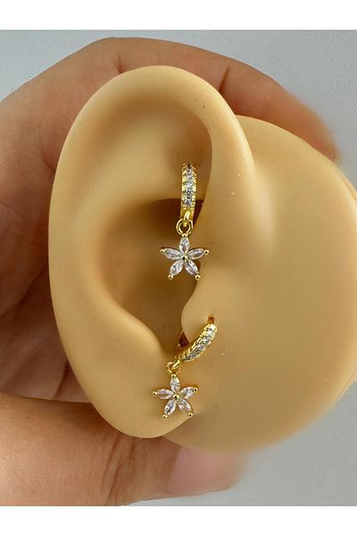 Arescollection 1 Piece Zircon Stone Flower Dangle Tragus Rook Compatible Piercing Earring