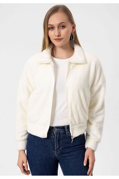 COOLHILL Ecru Women's Plush Jacket with Full Zipper