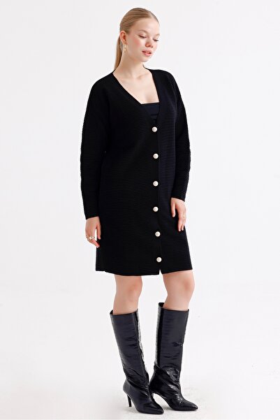 MD trend Women's Buttoned Self Patterned Long Oversize Knitwear Cardigan