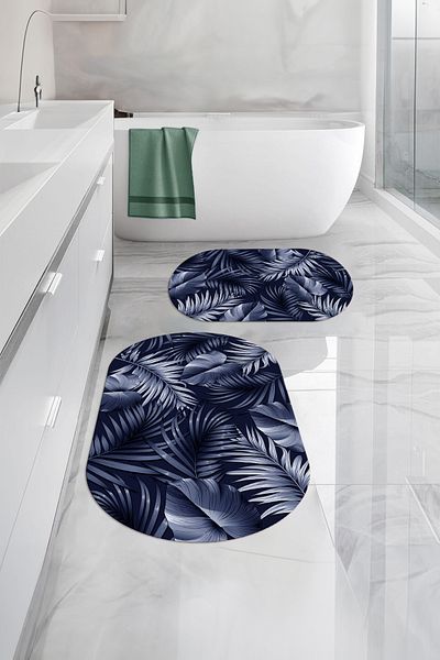 Napoli Home Set de scaune de toaletă pentru baie ovală, lavabilă digitală, cu model de frunze moderne, KLOZET-89-NAVY BLUE,