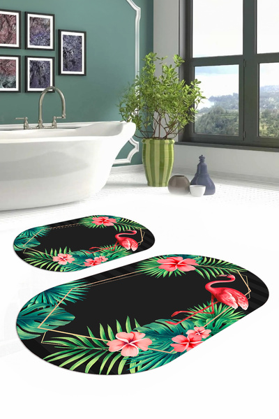 Napoli Home Set de scaune de toaletă cu covoraș de baie oval cu model flamingo colorat, lavabil digital, WC-67-ANTHRACITE,
