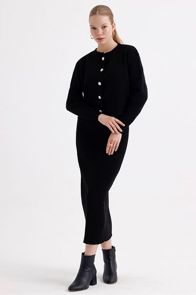MD trend Women's Crew Neck Crop Cardigan and Strap Ribbed Dress Double Knitwear Set
