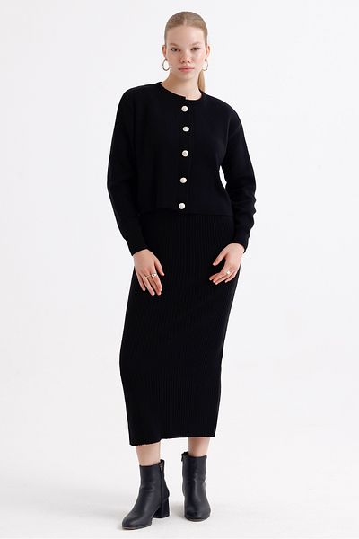 MD trend Women's Crew Neck Crop Cardigan and Strap Ribbed Dress Double Knitwear Set